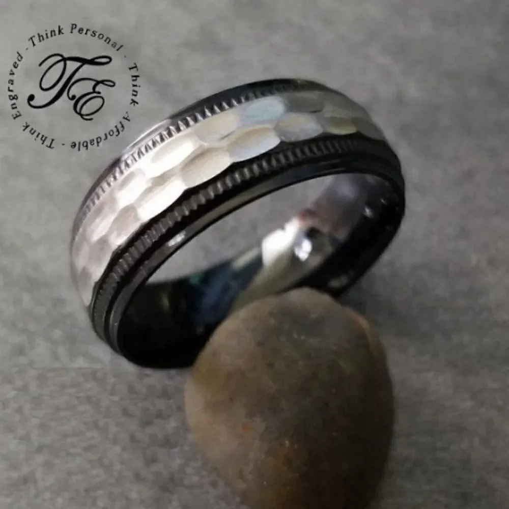 Men's Hammered Titanium Promise Ring Band - Black and Silver Hammered Titanium